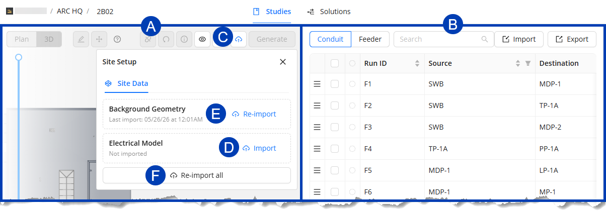 Site setup interface displaying background geometry and electrical model import options.